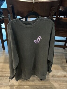 Washed Charcoal Crewneck Sweater with Lavender Heart Accent